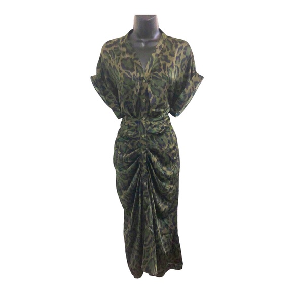 Steve Madden Dresses & Skirts - Steve Madden TORI Tony camo green satin look belted button front shirtdress szL